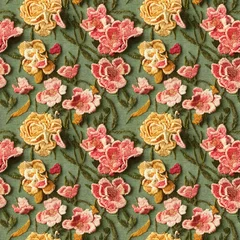 Selbstklebende Fototapeten Embroidery floral seamless pattern. Vintage style embroidered flowers repeating fabric backdrop. Generative AI © Bisams