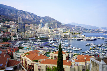 Naklejka na ściany i meble Monaco panoramic view with Monte Carlo harbour and yachts