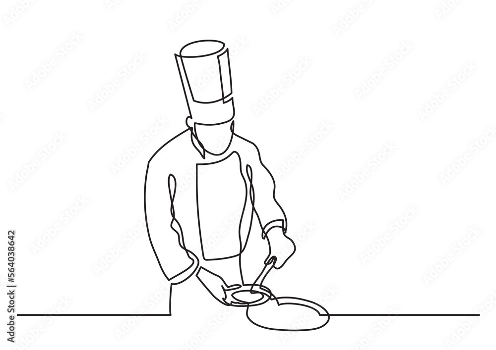 Poster continuous line drawing vector illustration with fully editable stroke of chef making meal