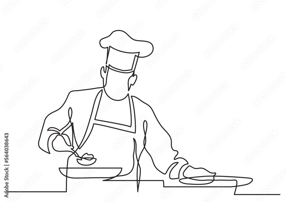 Poster continuous line drawing vector illustration with fully editable stroke of chef preparing food