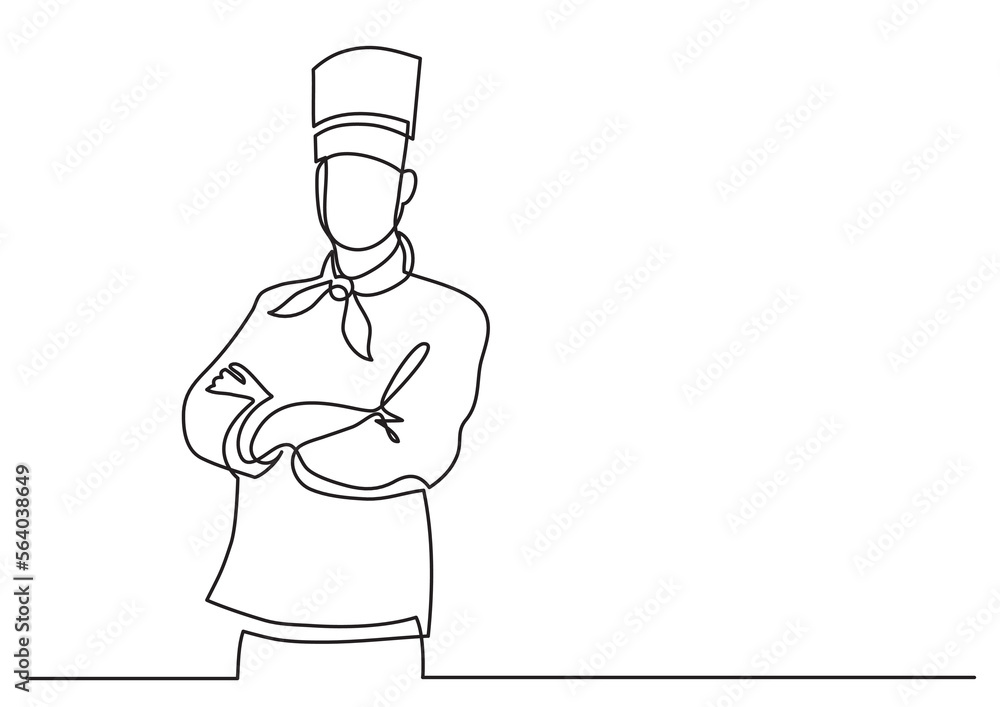 Poster continuous line drawing vector illustration with fully editable stroke of confident chef standing