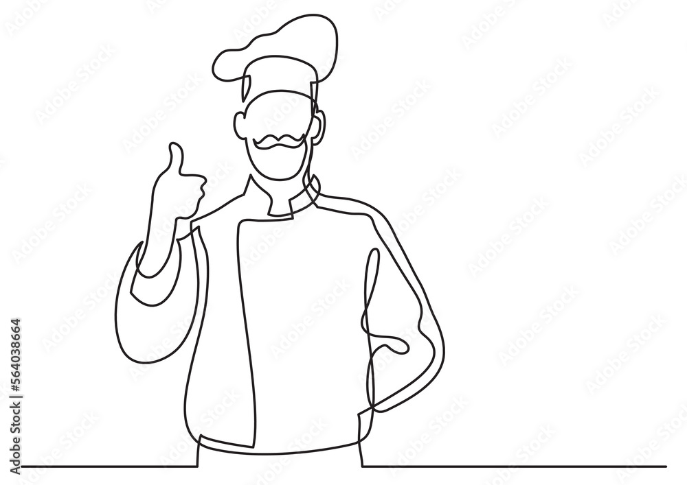 Poster continuous line drawing vector illustration with fully editable stroke of french chef showing thumb 