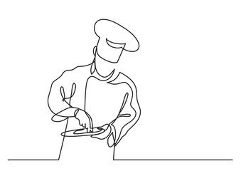 continuous line drawing vector illustration with FULLY EDITABLE STROKE of chef cooking gourmet meal
