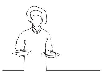 continuous line drawing vector illustration with FULLY EDITABLE STROKE of chef holding two meals