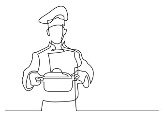 continuous line drawing vector illustration with FULLY EDITABLE STROKE of chef holding pot of meal
