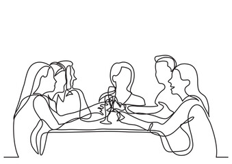 continuous line drawing vector illustration with FULLY EDITABLE STROKE of company of friends dining in restaurant