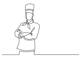 continuous line drawing vector illustration with FULLY EDITABLE STROKE of confident chef standing