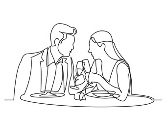 continuous line drawing vector illustration with FULLY EDITABLE STROKE of man and woman dating dining in restaurant - obrazy, fototapety, plakaty