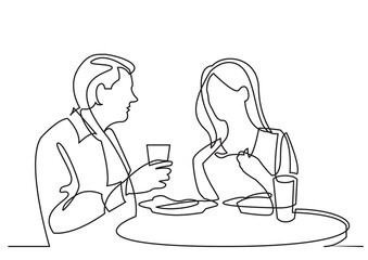 continuous line drawing vector illustration with FULLY EDITABLE STROKE of man and woman eating in restaurant