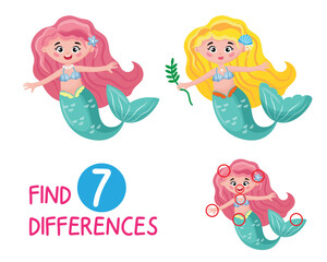 Mini game for children. Find 7 differences in underwater world, cartoon style