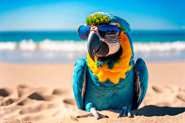 blue macaw with sunglasses on the beach summer images