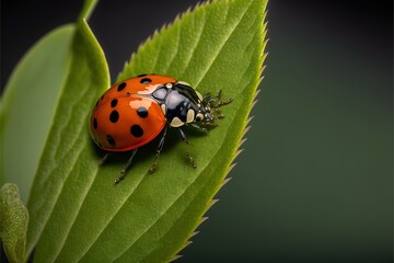 Fototapeta premium a lady bug sitting on top of a green leaf on a plant stem with a black background and a green leaf with a black spot on the top of the top of the lady bug. Generative AI
