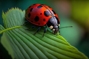 Obraz premium a lady bug sitting on top of a green leaf on a green leafy plant with black spots on it's back legs and legs, with a black spot on the top of the back of the. Generative AI
