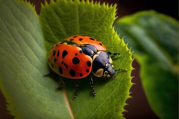  a lady bug sitting on top of a green leaf covered in black dots on a green leafy surface with a black spot on the back of the bug, and a red spot on the. Generative AI