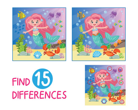 Mini game for children. Find 15 differences in underwater world, cartoon style