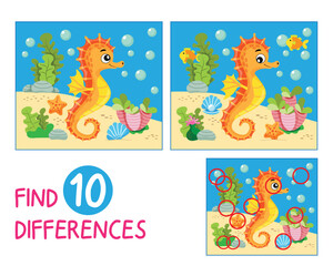 Mini game for children. Find 10 differences in the image of a seahorse in the underwater world