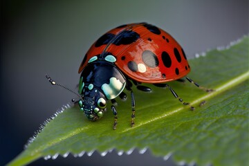 Fototapeta premium a lady bug sitting on top of a green leaf on a plant leaf with white dots on it's back legs and legs, with a black and red and black spot on the back. Generative AI