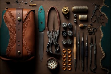  a collection of sewing tools and tools laid out on a table top with a leather case and a sewing needle and thread spools and other sewing supplies on the table top with a. Generative AI