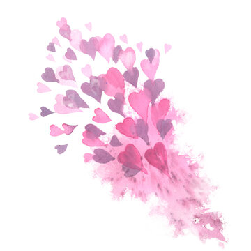 Abstract watercolor pink hearts backgroun for valentine design, isolated on white.