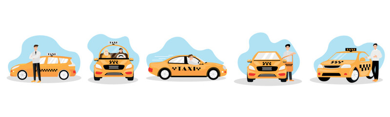 Set of taxi car with driver on white background - obrazy, fototapety, plakaty