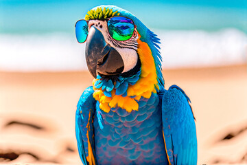 blue spectacled macaw colored in summer sitting on the beach sand