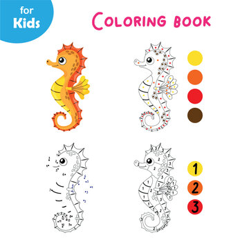 Funny seahorse. Coloring book for kids, educational games dot by dot, marine set