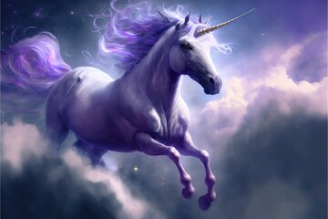 Naklejka na ściany i meble a unicorn is flying through the sky with a long horn on its head and tail, with clouds and stars in the background, and a purple hued, with a purple hue,. Generative AI