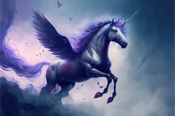 Naklejka na ściany i meble a unicorn with wings flying through the air with a sky background and butterflies flying around it, with a purple hued background and a blue sky with white cloud and purple hued with. Generative AI