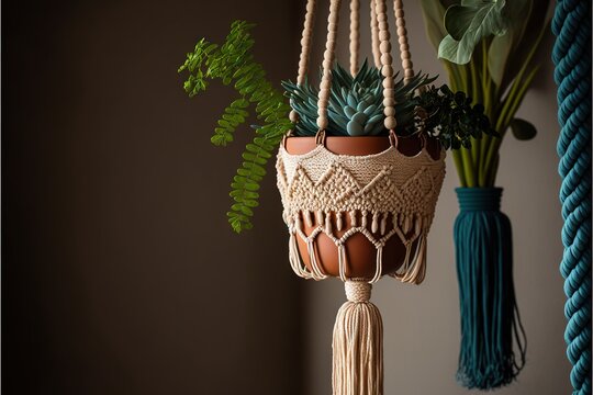  a macrame plant hanging from a rope with a plant in it and a potted plant in the background with a blue planter hanging from the ceiling and a macrame. Generative AI
