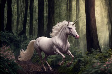 Naklejka na ściany i meble a white unicorn running through a forest with trees and flowers on the ground and a trail leading to it's head and tail, with a long mane, with a white. Generative AI