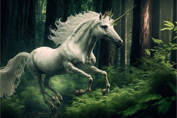 Obraz na płótnie Canvas a white unicorn with a long mane running through a forest with trees and ferns on the ground and a forest floor with ferns on the ground and a forest floor with green grass and trees. Generative AI