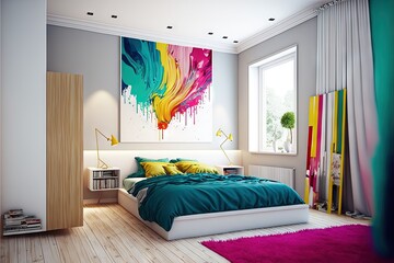  a bedroom with a large painting on the wall above the bed and a colorful rug on the floor and a bed with a colorful blanket on it and a wooden floor with a pink rug. Generative AI