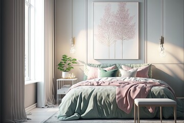  a bedroom with a bed, a chair, and a painting on the wall above it that has a plant in it and a bench in front of the bed with a pink blanket. Generative AI