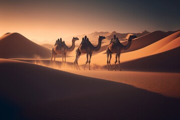 Fototapeta na wymiar Camel caravan in desert at sunset. Generative AI