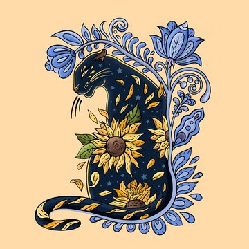 Panther with a sunflower for a poster print