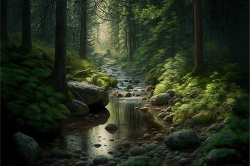 Obraz premium a painting of a stream in a forest with rocks and trees in the background and a stream running through the woods with rocks and trees in the foreground, and a stream running through. Generative AI
