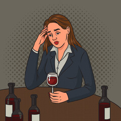 woman alcoholic drinks alone pinup pop art retro raster illustration. Comic book style imitation.