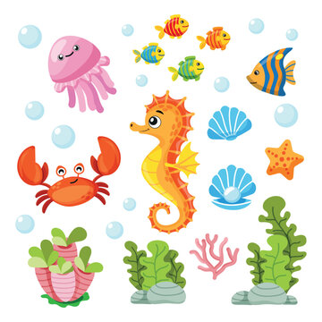 Set of icons with sea animals in cartoon style. Illustration of children's books