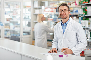 Portrait of happy pharmacist man with pharmacy services, medicine advice and product trust at shop,...