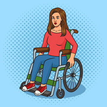 recommend clip art: Woman in wheelchair pinup pop art retro raster illustration. Comic book style imitation.
