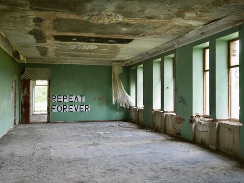 Architectural details of abandoned Soviet sanatorium Iveria in Tskaltubo, Georgia, 9.08.2022.