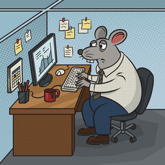 Mouse rat office worker metaphor pinup pop art retro raster illustration. Comic book style imitation.