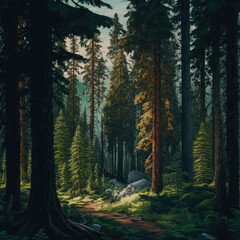 A path going through a green pine forest. Created with Generative AI.