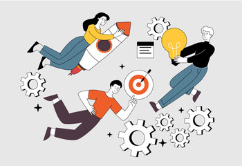 Start up concept. Man and woman on rocket near target. Entrepreneurs or businessmen, employees working on common project. Innovations and ideas, brainstorming. Cartoon flat vector illustration