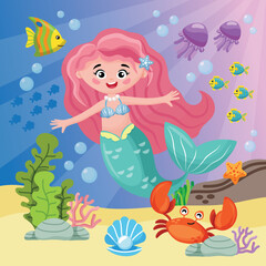 Fototapeta na wymiar illustration, mermaid in the underwater world. cartoon style for children's