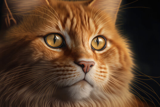 A portrait of a ginger cat on a black background. Created with Generative AI.