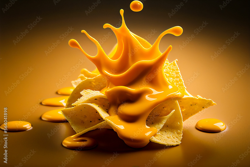 Poster delicious crunchy nachos with dripping cheese sauce, created with generative ai - Posters