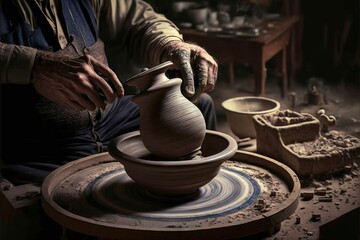 Fototapeta na wymiar a man is making a vase on a wheel in a pottery shop with other pottery items around him and a pottery wheel in the foreground with a potter's hands on the wheel. Generative AI