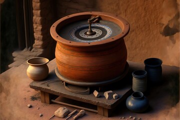  a clay pot with a water spout and other pottery items around it on a table in a desert setting with a brick wall and stone wall behind it, and a window. Generative AI - obrazy, fototapety, plakaty