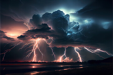 A stormy sky with multiple cloud to ground lightning strikes, generative ai - obrazy, fototapety, plakaty